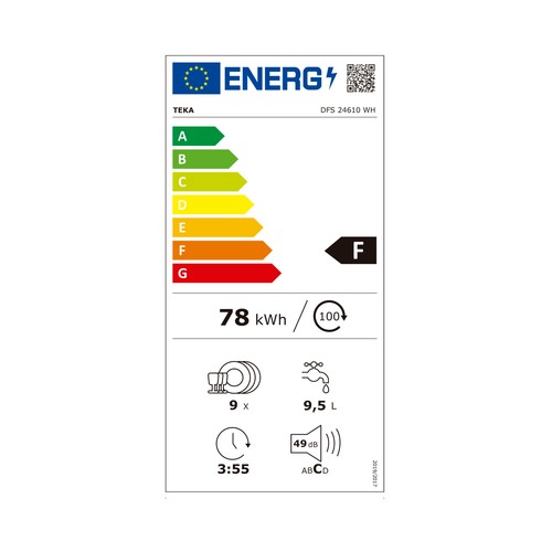Lavavajillas TEKA DFS 24610, capacidad: 9 servicios, clase energética: F, H: 84,5cm, A: 44,8cm, F: 60cm.