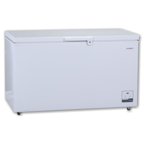 Arcón congelador ROMMER CHE-420T blanco, clasificación energética: E, H: 83,5cm, A:136,5cm, F: 73,5cm, capacidad total: 400L.