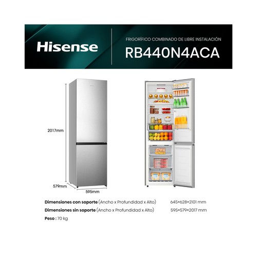 Frigorífico combi HISENSE RB440N4ACA INOX NO FROST, clasificación energética: A, H: 201,7cm, A: 59,5cm, F: 57,9cm, capacidad total: 336L.