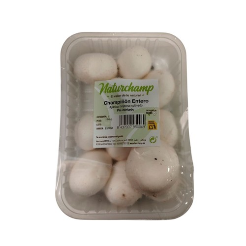 Champiñones con pie cortado barqueta de 250 g.