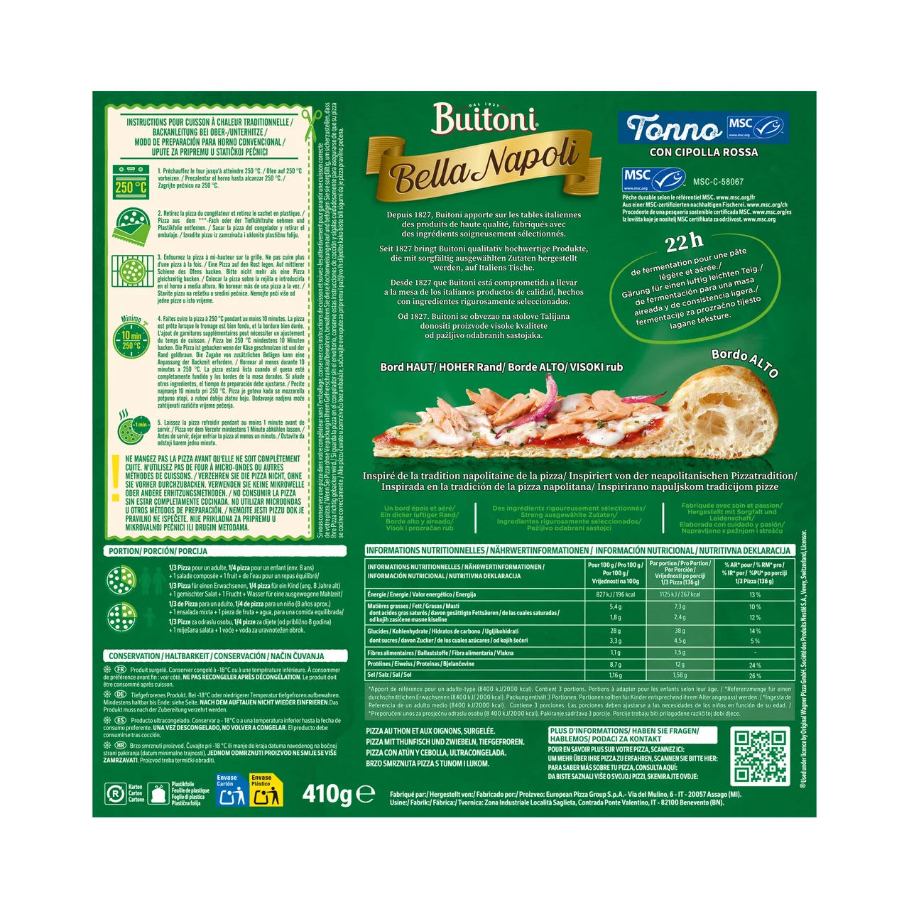 Bella napoli Pizza de atún y cebolla roja con masa guesa 410 g.