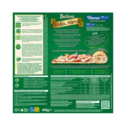 BUITONI Bella napoli Pizza de atún y cebolla roja con masa guesa 410 g.