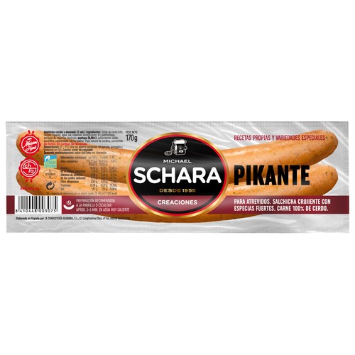 Salchichas cocidas y ahumadas picantes y elaboradas artesanalmente en tripa natural SCHARA Creaciones 170 g.