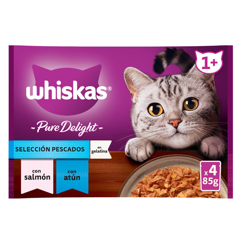 WHISKAS Pienso húmedo para gato bolsa pescado WHISKAS puré delight 4x85 gr.
