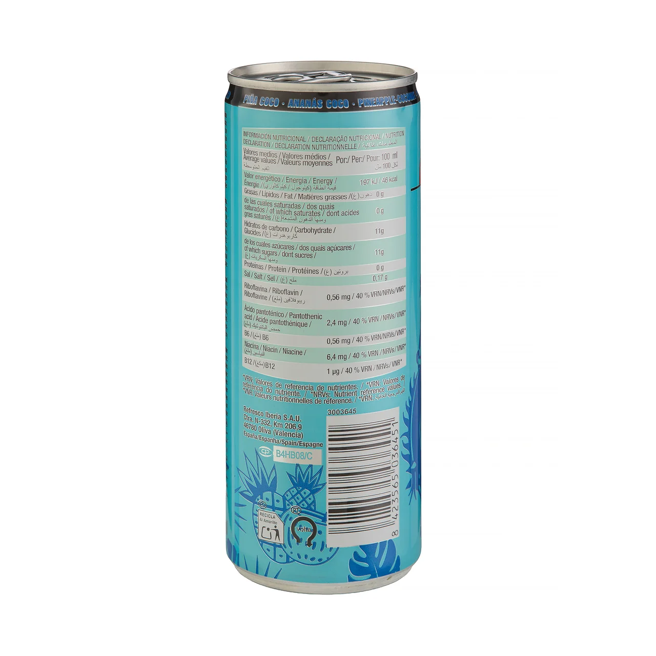 Bebida energética sabor piña coco lata 250 ml.