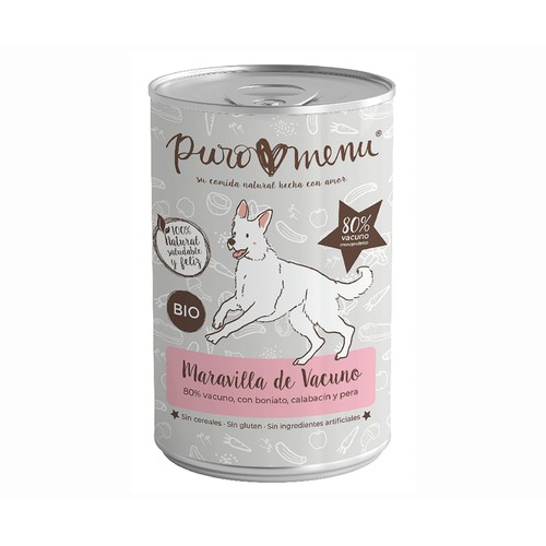 PUROMENU Maravilla de vacuno alimento de perros húmedo en lata bio 400 g.