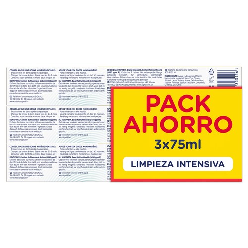 SIGNAL Integral 8 Pasta de dientes para un cuidado bucal integral y una limpieza intensa 3 x 75 ml.