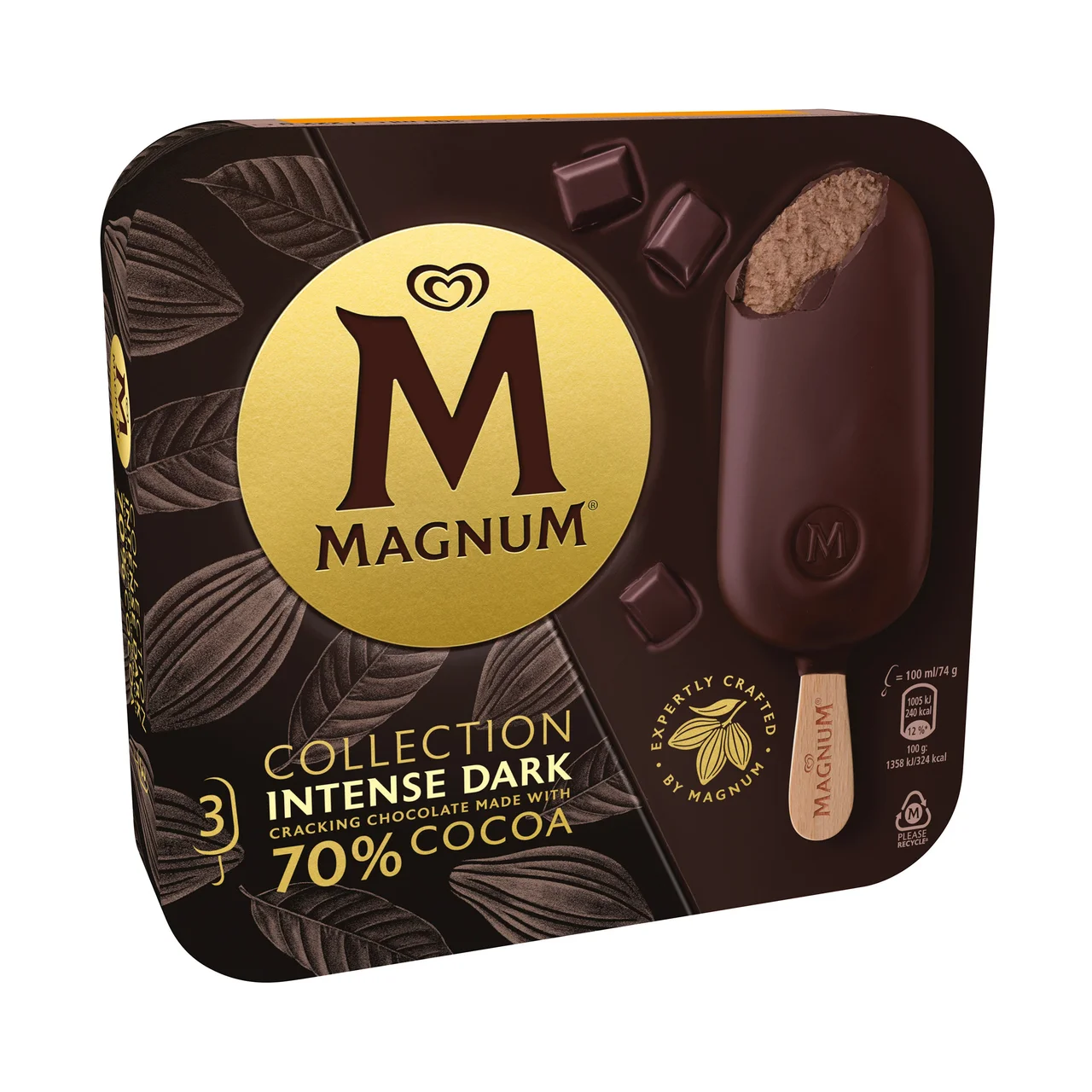 Bombón helado de crujiente chocolate con leche, relleno de chocolate 70% cacao collection 3 x 100 ml.