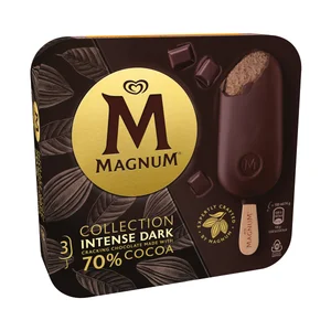 MAGNUM Bombón helado de crujiente chocolate con leche, relleno de chocolate 70% cacao collection 3 x 100 ml.