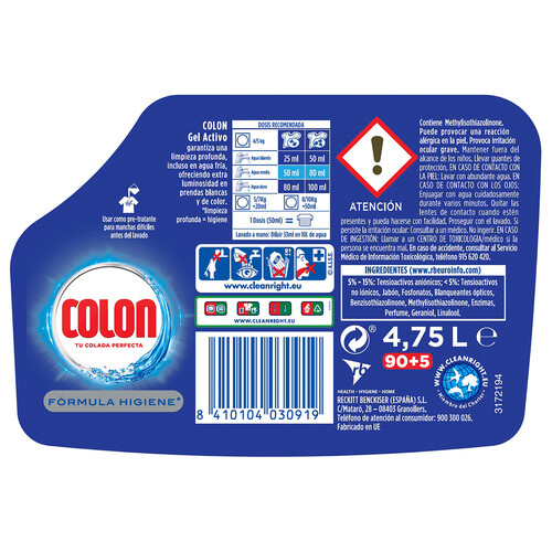 COLON Detergente en Gel Activo para blancos y colores COLON 95 lav. 4,75l.