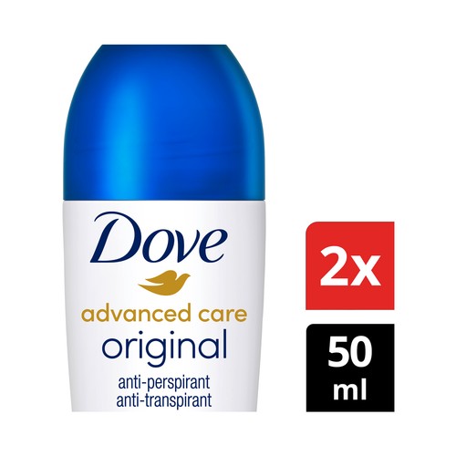 DOVE Advanced care original Desodorante roll on para mujer con protección antitranspirante hasta 72 horas 2 x 50 ml.