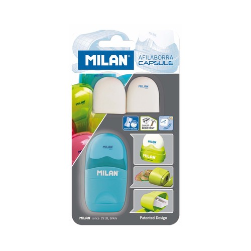 Sacapuntas cuerpo de plástico + borrador con soporte protector + 2 recambios borrador MILAN Capsule.
