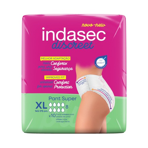 INDASEC Discreet Pants de incontinencia super, talla XL (145-175 cm), para perdidas de orina severas 10 uds