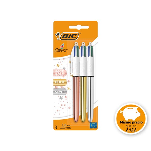 Pack 4 bolígrafos colores shine retráctiles de punta media (1,0 mm) pack de 3, BIC.