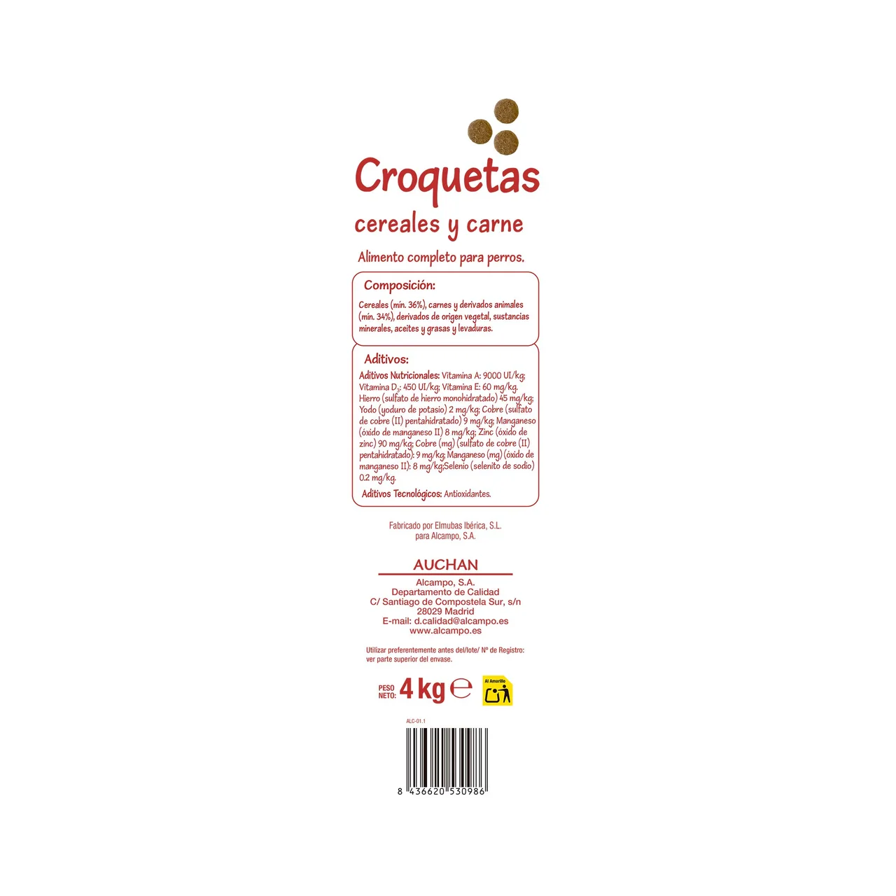 PRODUCTO ALCAMPO Alimento para perros con cereales y carne 4 kg.
