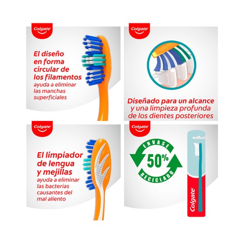 COLGATE Triple action Cepillo de dientes medio, que ayuda a eliminar manchas y bacterias bucales.
