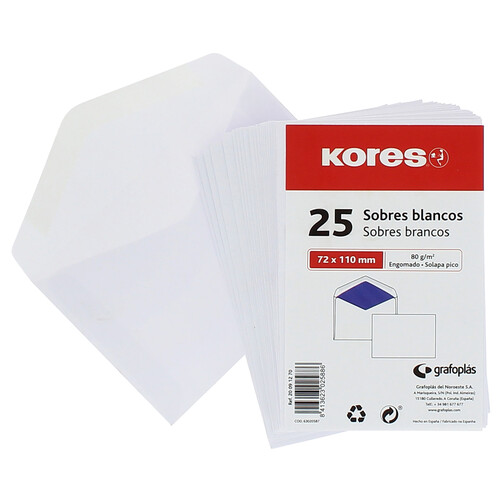 Paquete de 25 sobres de tamaño 72 x 110 mm, peso de 80 g/m² y de color blanco KORES.