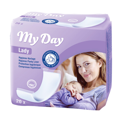 Compresas post-parto, con núcleo absorbente de celulosa y completamente recubertas de tela no tejida MY DAY Lady 20 uds.