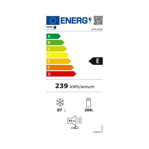 Frigorífico combi 186cm FAGOR 3FFK- 6636 NO FROST, clasificación energética: E, H: 186cm, A: 59,5cm, F: 60cm, capacidad total: 295L.