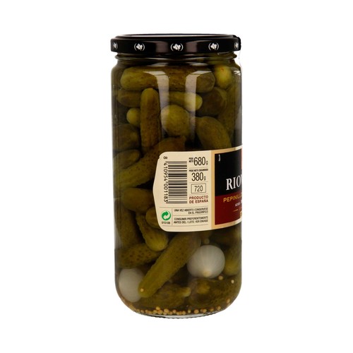 RIOVERDE Pepinillos medianos especiados al vinagre de vino RIOVERDE frasco de 380 g.