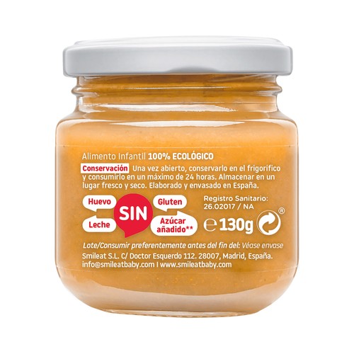 SMILEAT Tarrito de fruta y hortalizas 100% ecológicas (manzana, naranja y zanahoria), a partir 6 meses 130 g.