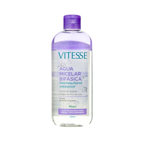 VITESSE Agua micelar desmaquillante bifásica waterproof para pieles y ojos sensibles 400 ml.