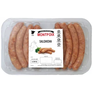 Bandeja con salchichas frescas de pollo de origen español MONTFOIX 240 g.
