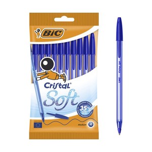 Imagen de 10 bolígrafos con tapa punta media y grosor de 1.2mm con tinta base de aceite azul BIC Cristal soft.