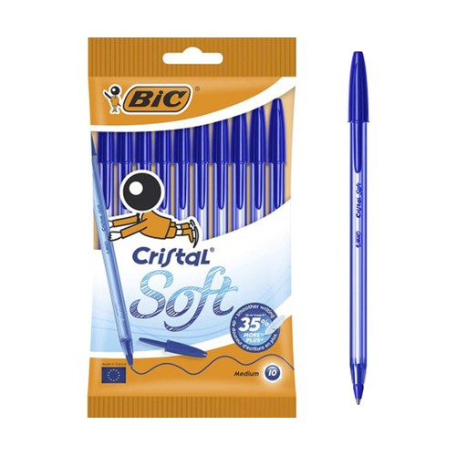 10 bolígrafos con tapa punta media y grosor de 1.2mm con tinta base de aceite azul BIC Cristal soft.