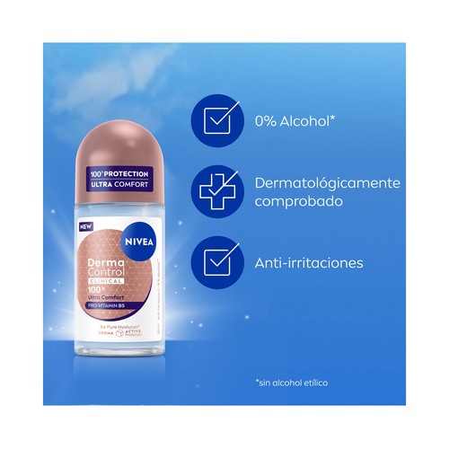 NIVEA Derma control clinical Desodorante roll on para mujer, antitranspirante hasta 100 horas 50 ml.