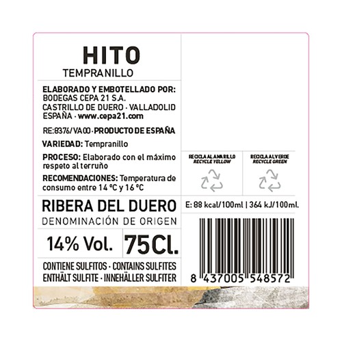 HITO Vino tinto con D.O. Ribera del Duero botella 75 cl.