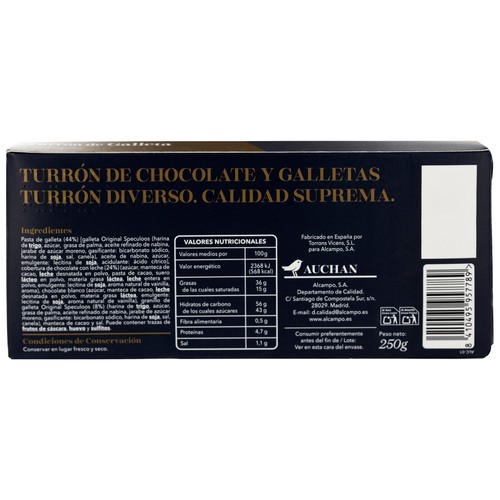 PRODUCTO ALCAMPO Collection Turrón de chocolate y galletas 250 g.