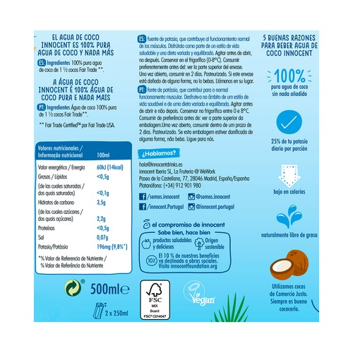 INNOCENT Agua de coco 500 ml.