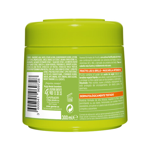 FRUCTIS Mascarilla capilar fortificante para cabello rebelde o difícil de alisar FRUCTIS Liso y brillo de Garnier Hidra liso 300 ml.