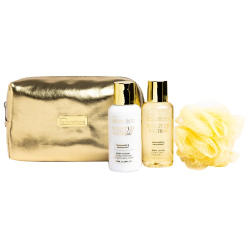 IDC INSTITUTE Gold Neceser con productos para el baño.