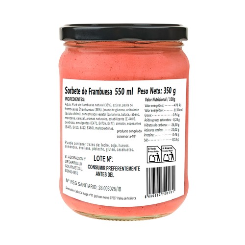 MURMUI Tarrina de helado de sorbete de frambuesa, elaborado con un 35% de fruta natural 550 ml.