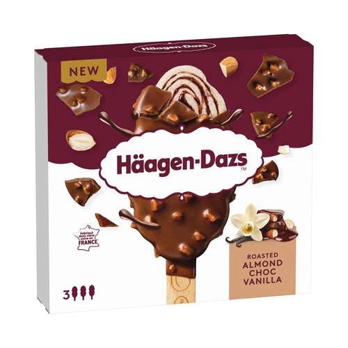 HÄAGEN-DAZS Helado de vainilla y chocolate recubierto con chocolate con leche y almendras tostados 3 x 80 ml.