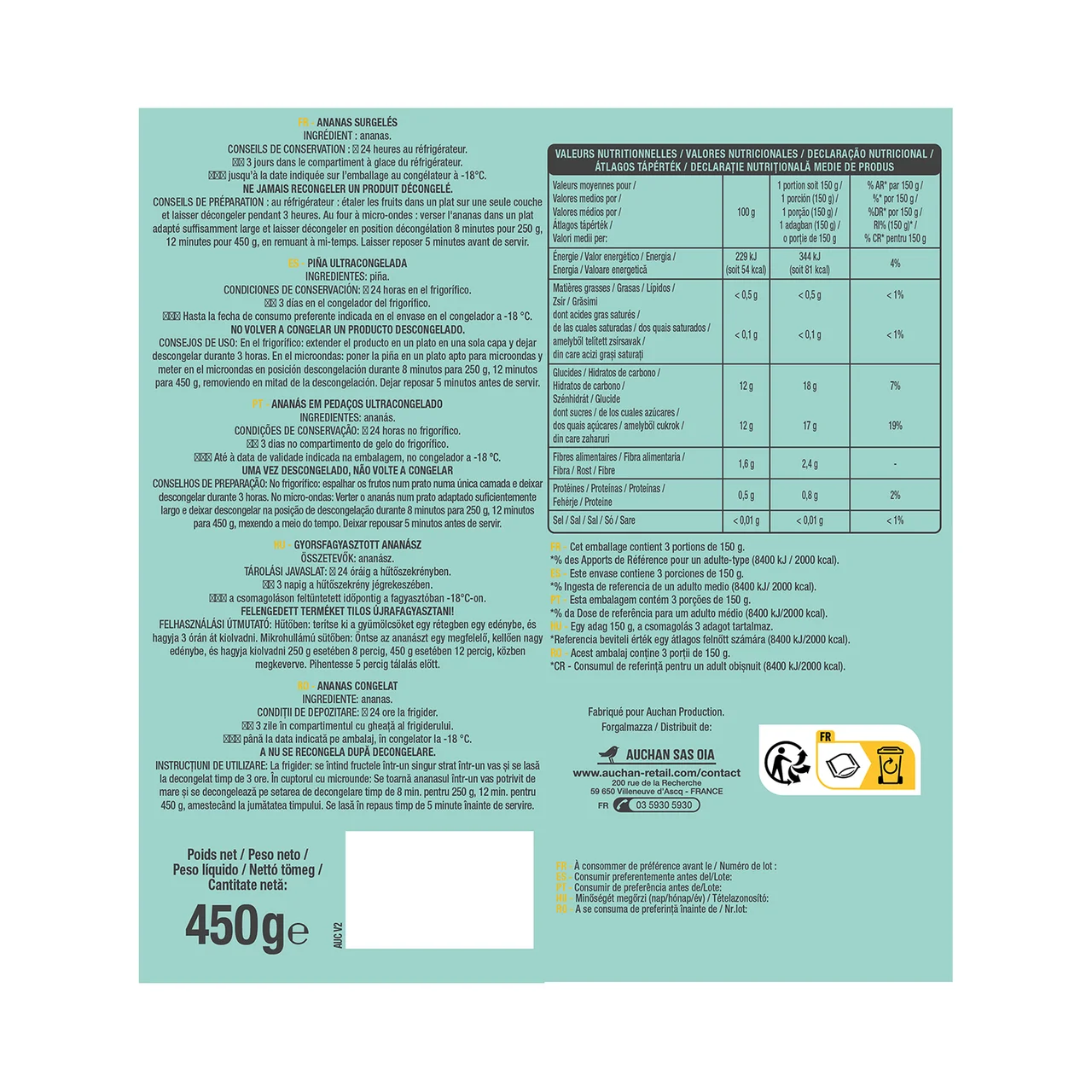 AUCHAN Piña en trozos ultracongelada 450 g.