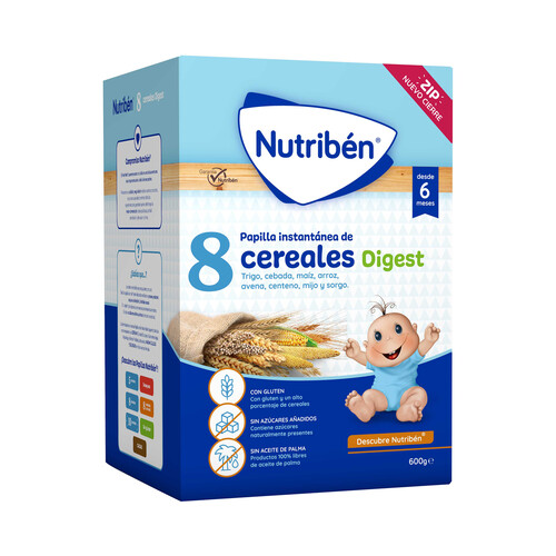NUTRIBÉN Papilla en polvo de 8 cereales, a partir de 6 meses NUTRIBÉN Digest 600 g.