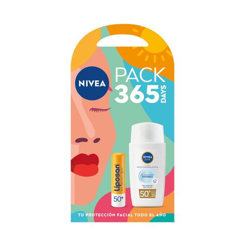 NIVEA Pack 365 days Fluido facial diario invisible (40 ml) + protector labial ambos con FPS 50+ (muy alto)