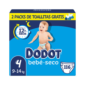 Pañales talla 4, para niños de 9 a 14 kilogramos DODOT Bebé-seco 116 uds.
