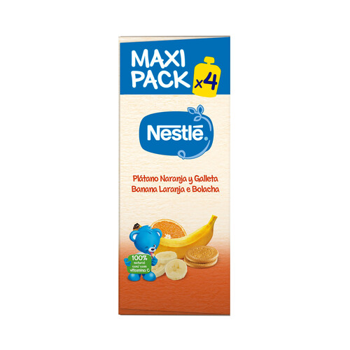 NESTLÉ Bolsita de fruta (plátano y naranja) y galleta, a partir de 6 meses NESTLÉ 4 x 90 g.