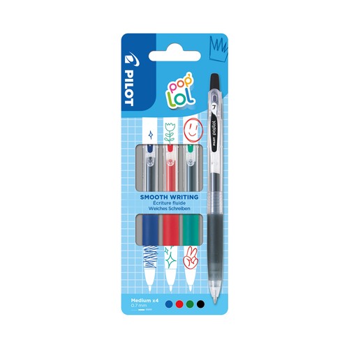 Set 4 bolígrafos retráctiles Pop Lol Pilot color negro/azul/rojo/verde. PILOT