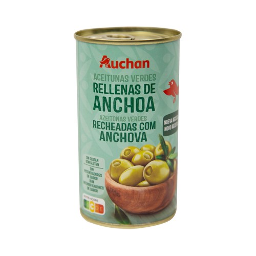 Aceitunas verdes manzanilla rellenas de anchoa PRODUCTO ALCAMPO lata de 150 g.