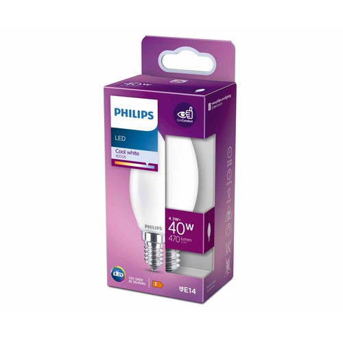 Bombilla Led E14, 4,3W=40W, luz neutra 4000K, 470lm, PHILIPS.