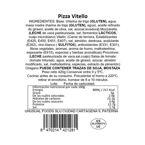 SQUIZZITA Pizza gourmet de vitello (ternera), mozzarella y provolone 420 g.