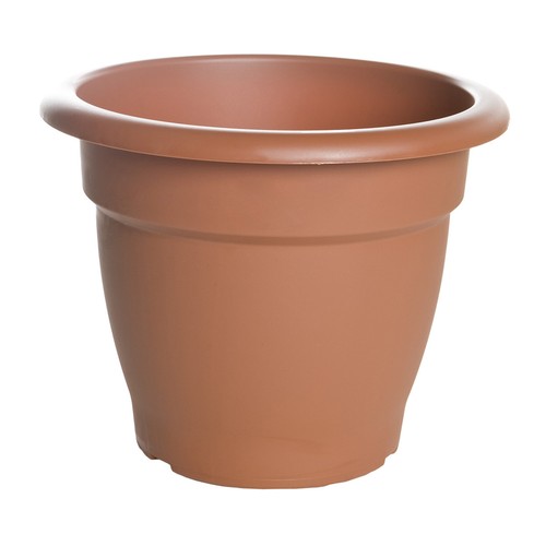 Maceta de plástico tipo campana, de color terracota y medidas de 23 x 21 centímetros VAN.