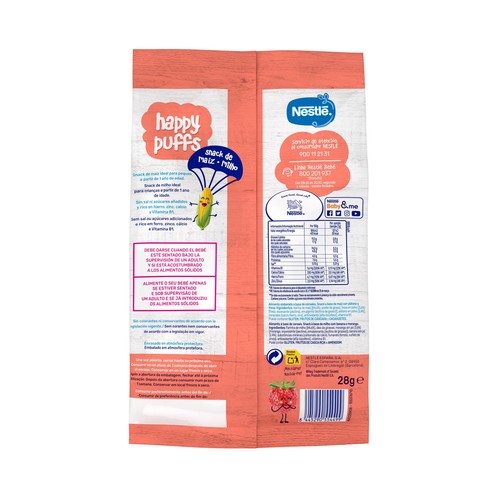 NESTLÉ Snack a base de maíz con plátano y fresa, a partir de 1 año NESTLÉ Happy puffs 28 g.