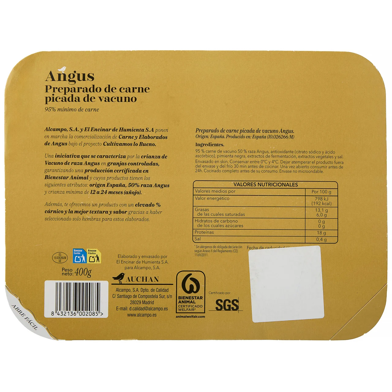ALCAMPO CULTIVAMOS LO BUENO Preparado de carne picada de vacuno Angus de origen nacional  400 g.