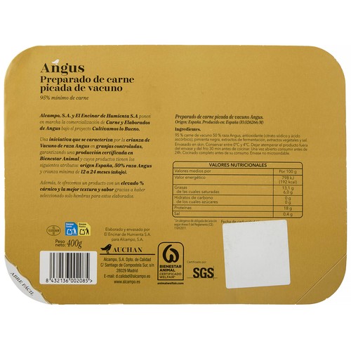 ALCAMPO CULTIVAMOS LO BUENO Preparado de carne picada de vacuno Angus de origen nacional  400 g.